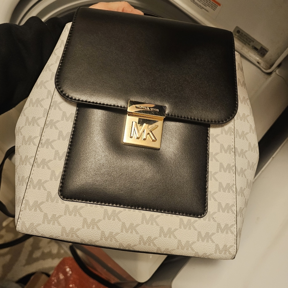 Michael Kors Black and Cream Backpack with Gold Hardware